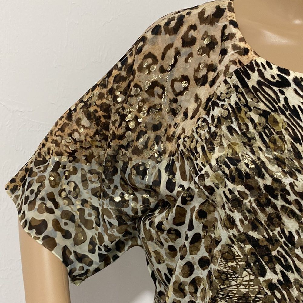 Chico’s Reverse Patchwork Flutter Split-Neck Animal Print Top size L - Picture 3 of 10